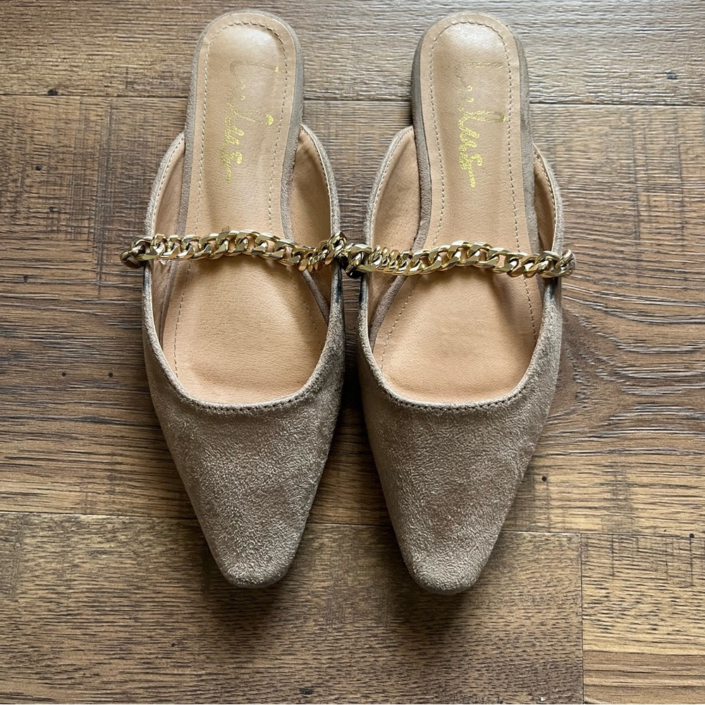 Lulu's Tan Mules with Gold Chain Accent